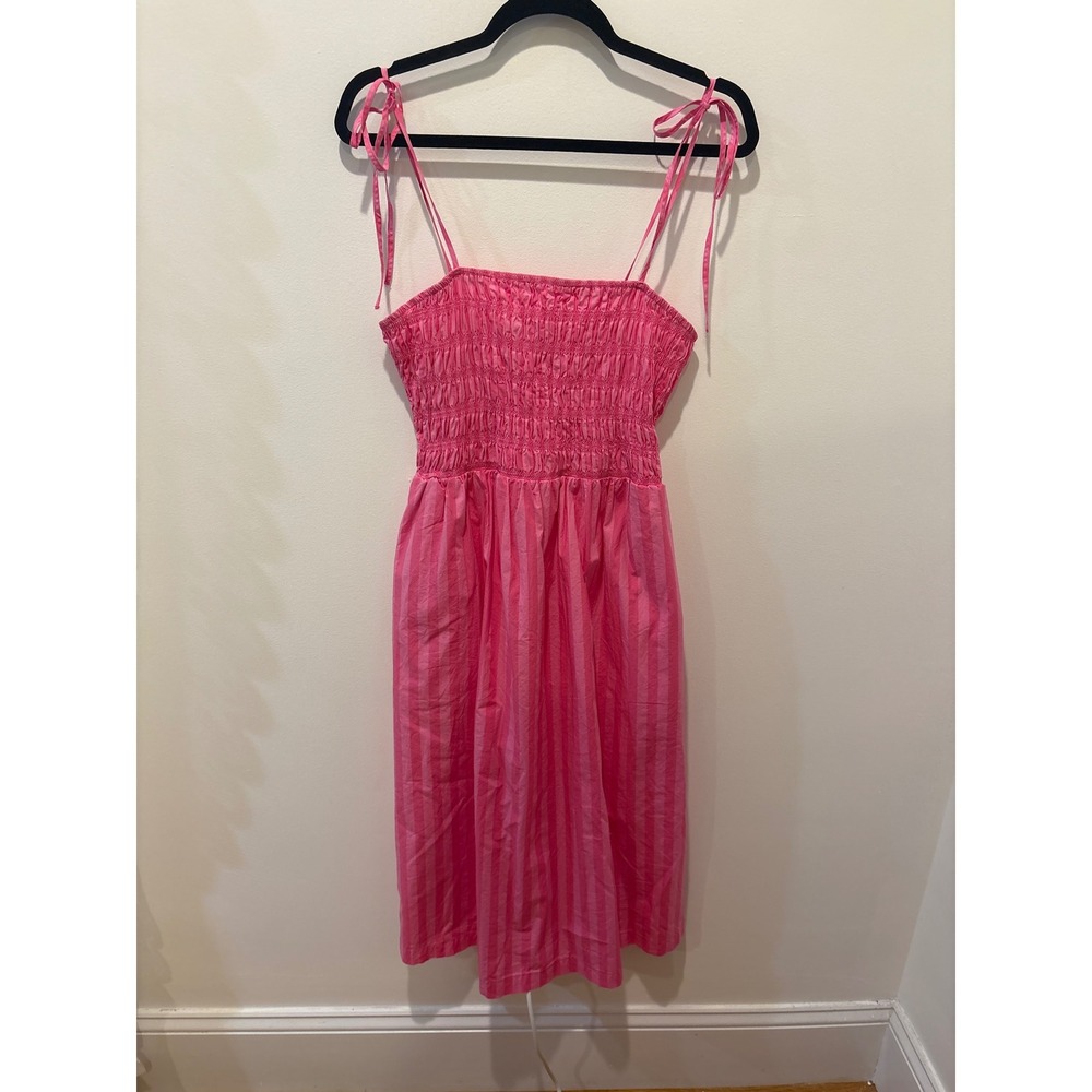 New Day Pink‎ Striped Smocked Midi Dress Tie Straps Pockets Size M
